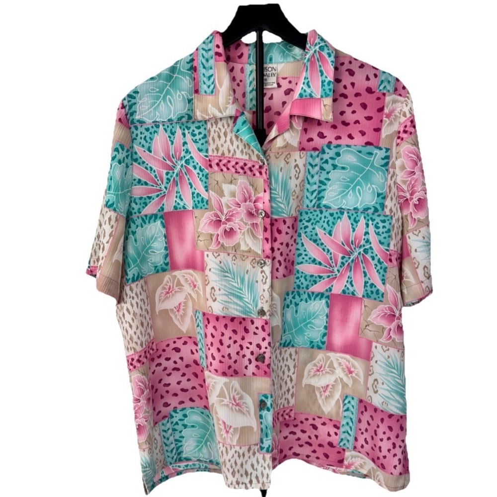 Allison Daley Button Front Blouse Women 16 Pink Tropical Patchwork Short Sleeve - Picture 5 of 10